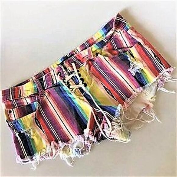 BILLABONG RAINBOW STRIPE LACE UP RAW HEM CUT OFF JEAN SHORTS - Picture 8 of 12